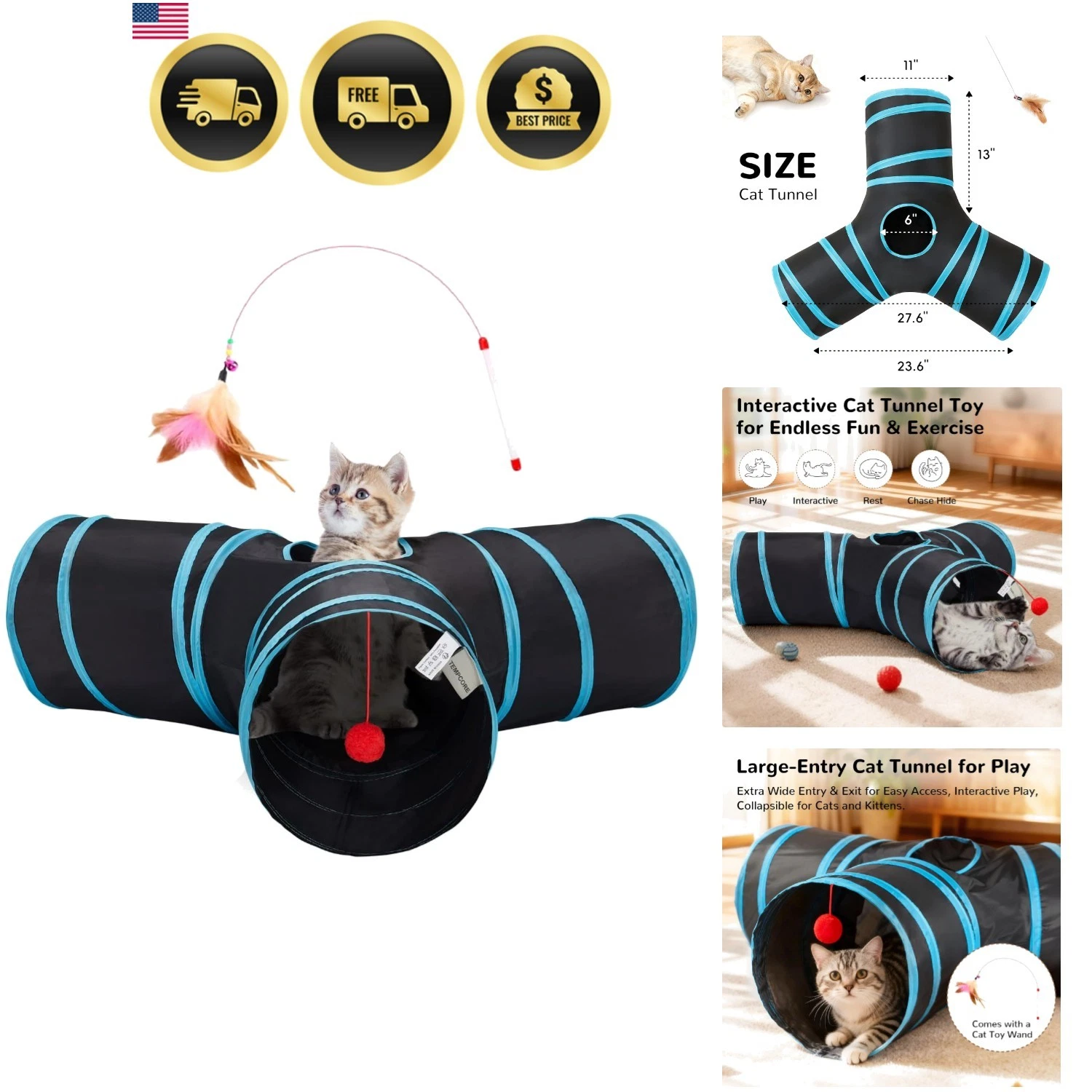 Cat Tunnel Tube Toys Collapsible Indoor Exercise Play Tunnel for Kitten