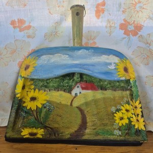 Vintage Hand Painted Metal Dust Pan With Farm And Sunflowers 12" x 12" 