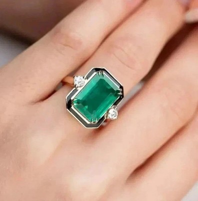4.05 Ct Emerald Cut Natural Emerald & Diamond Wedding Ring 14K Yellow Gold 6 7 8