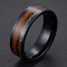 Meteorite Ring with Koa Wood, Koa Wood Ring, Black Tungsten Ring, Mens Wedding