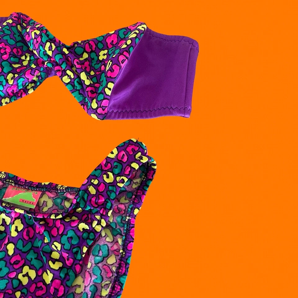 Bikini vintage años 90 neón estampado guepardo sin tirantes corte alto pierna alta talla 7/8 XS/S Foto 2 de 4