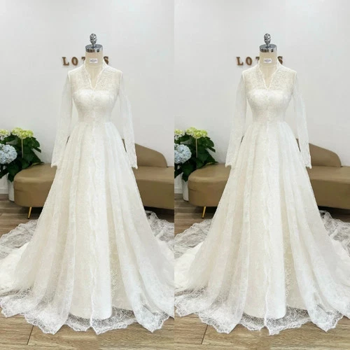 Muslim Wedding Dress Long Sleeve Lace Applique Sweep Train Illusion Bridal Gown