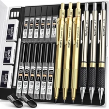 Nicpro Gold Art Mechanical Pencil Set 0.5 0.7 0.9mm & 2mm Lead Holder w/ Refills