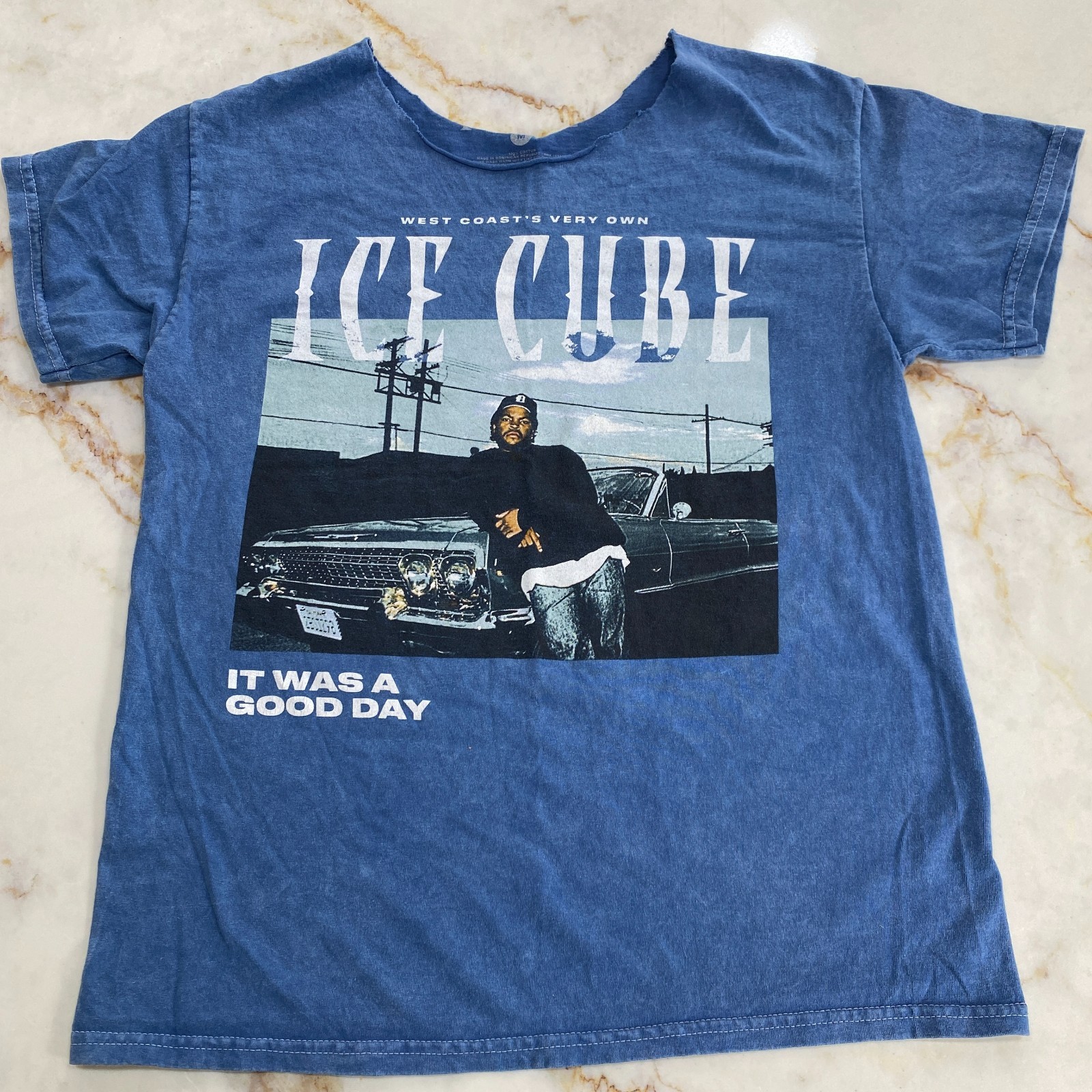 Ice Cube West Coast Good Day Portrait Graphic T-Shirt Blue. Size Medium