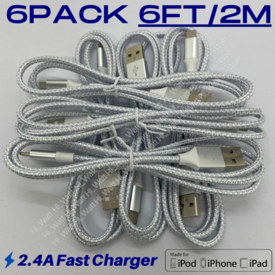 6-Pack USB Charger Cable Braided For iPhone 14 13 12 11 XR 8 7 Charging Cord Lot