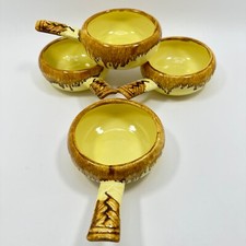 Vtg Tomeoni Pottery Bowls with Handles Set of Four Yellow Brown Drip Glaze