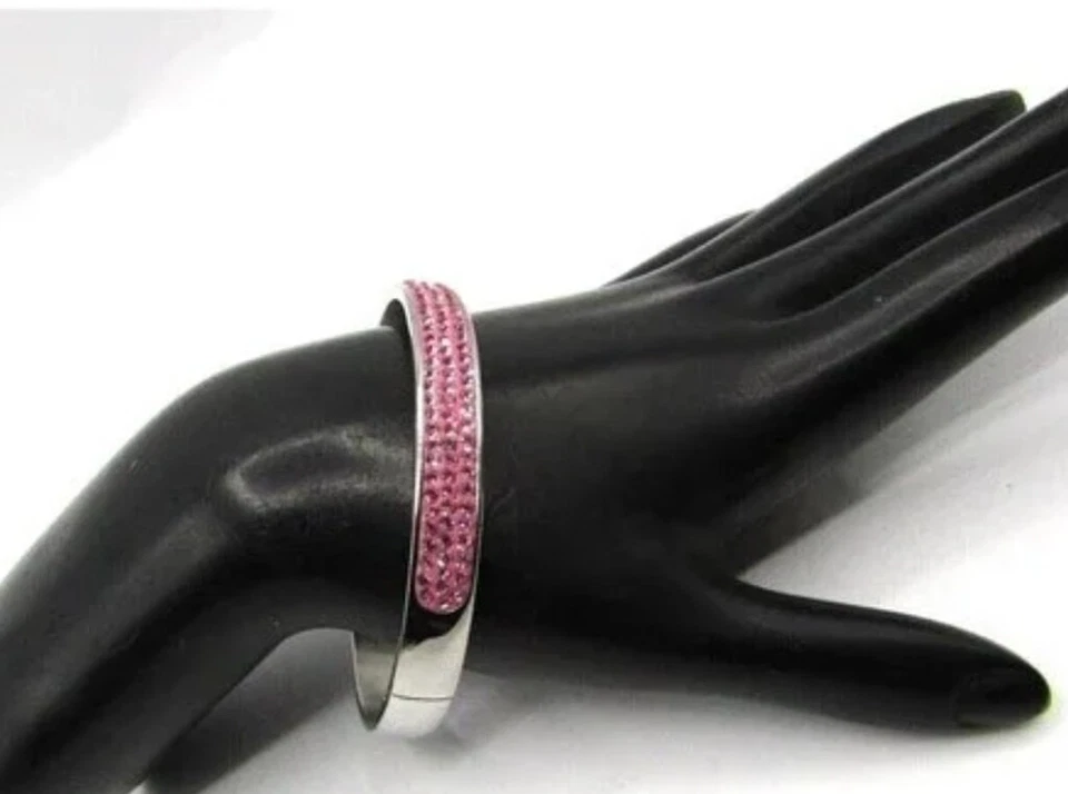 FIRMADO JCM Acero Inoxidable Cristal Rosa Brazalete Bisagra Tono Plata Pulsera Foto 2 de 4