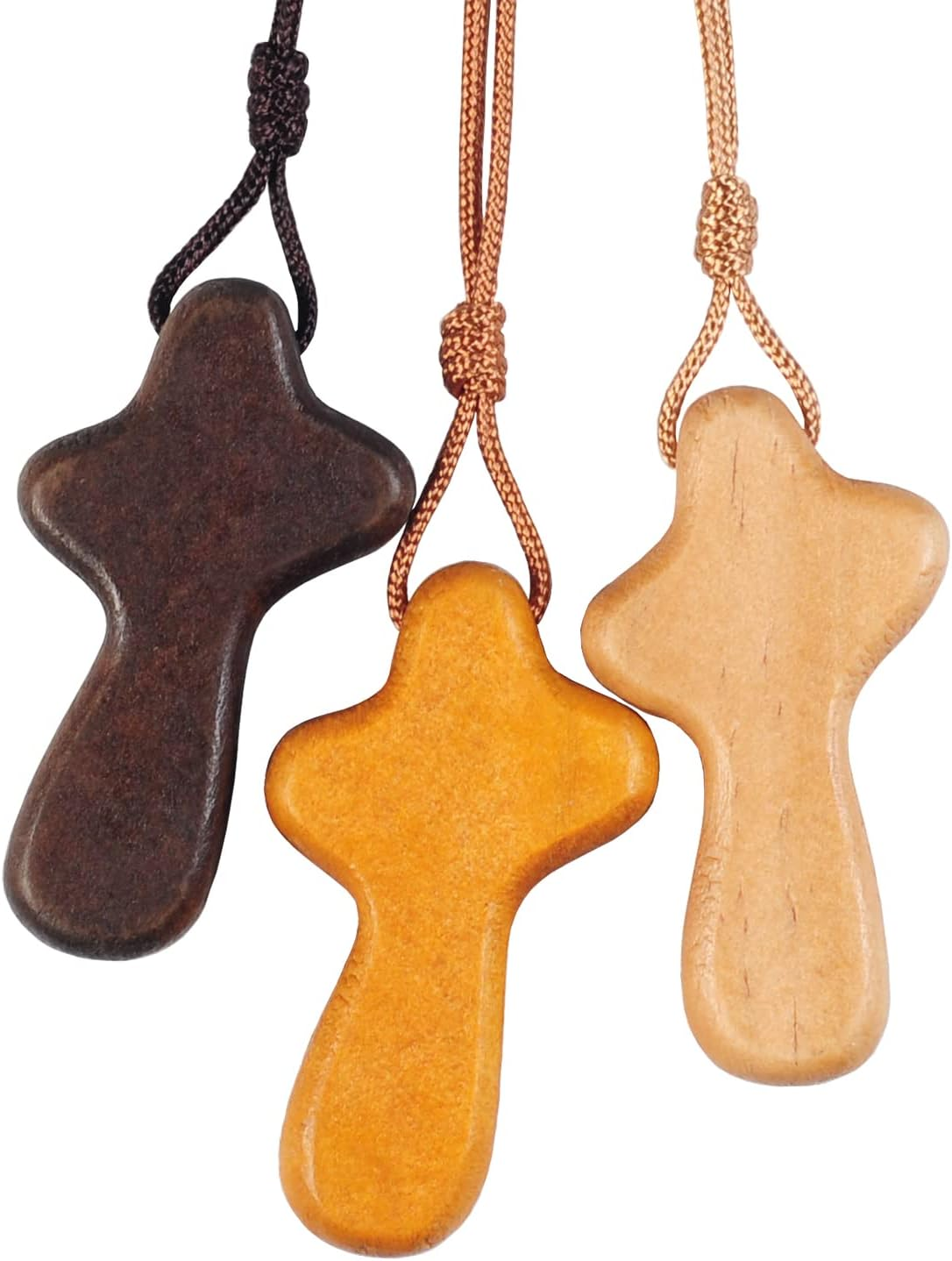 3Pcs Wooden Cross Necklace for Women, Men, Kids - Hand Carved Natural Wood Cross