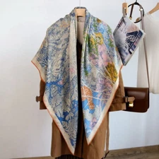 Pure Cashmere & Silk Wrap Stole Scarf Fashion Print Square Shawl Hand Rolled 53"