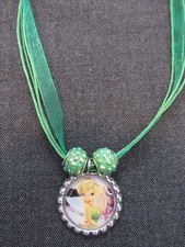 Green Ribbon Bottle Cap Bling Charm Necklace Sparkle Beads TINKERBELL Peter Pan