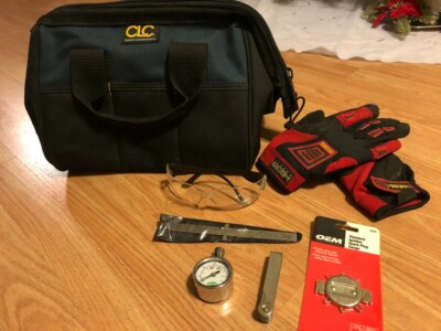 #ad Tool Bag Work Gloves Tire Pressure Spark Plug Gauge x2 Eye Protecter Glasses $21.95