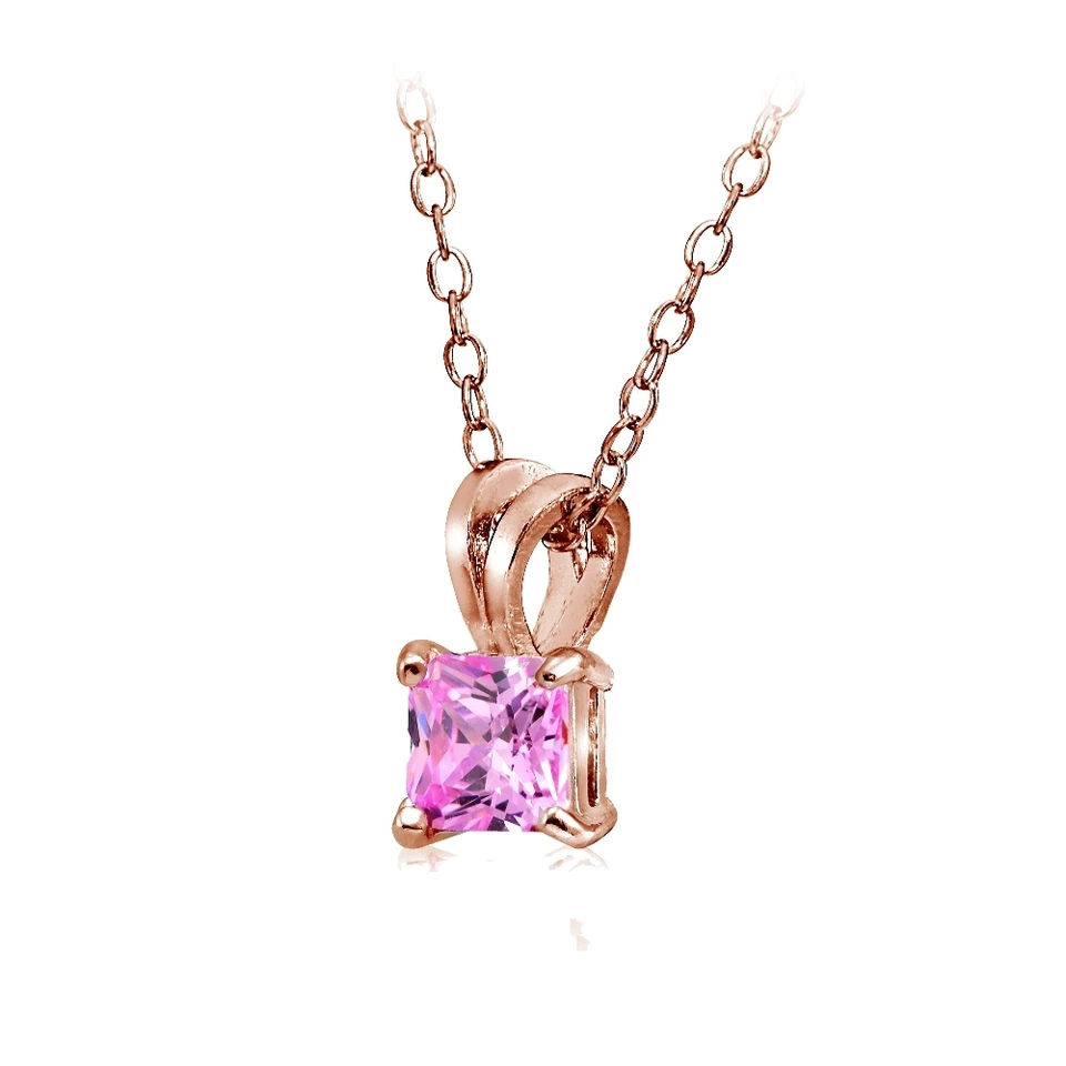 Rose Gold Tone on Silver 3/4ct Pink Cubic Zirconia 5mm Square Solitaire Necklace - Image 2 of 3