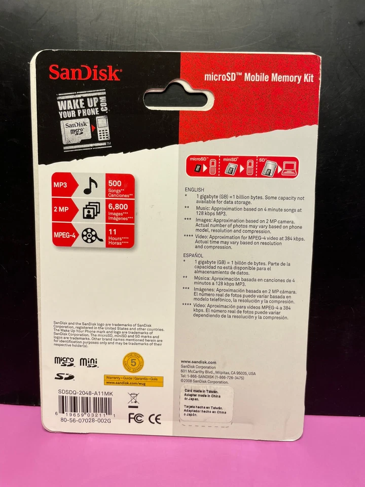 Sandisk Micro Secure Digital Card 2gb (SDSDQ-2048-A11MK) New in Package - Image 2 of 2