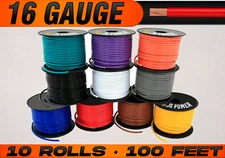 16 Gauge Primary Wire Remote Cable Copper Clad - 10 Color Set  - 100 Feet Each