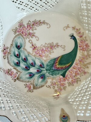 RARE STUNNING MOGA PORCELAIN PEACOCK FLORAL BOWL/BASKET THIN, DELICATE