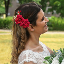 Bridal Rose Flower Headpiece Boho Handmade Pearl Crystal Gold Leaf Red Flower...