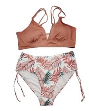 Two-Piece Bikini Set With Tropical Leaf Print Ribbed Top Size XL Swimsuit