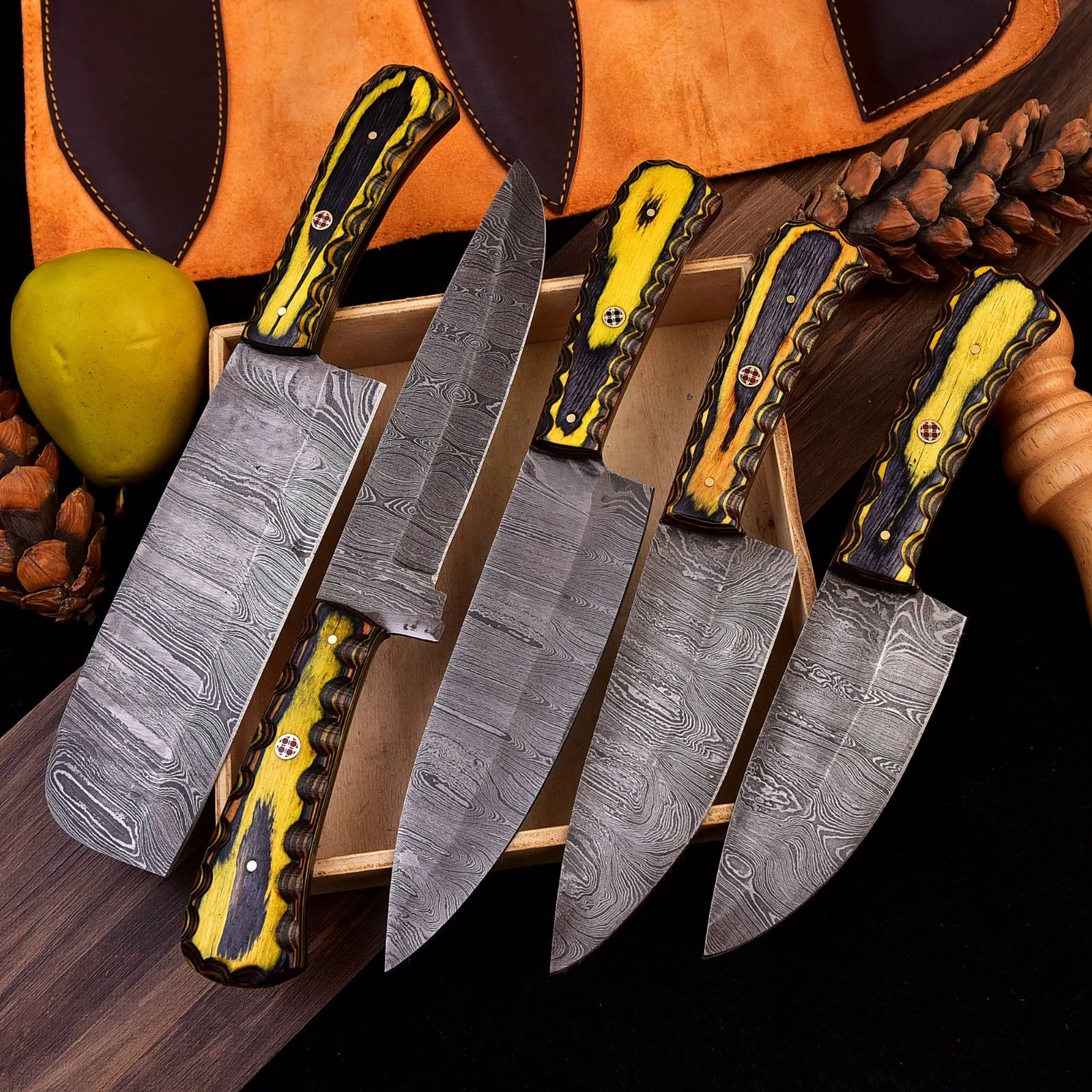 5pc Handmade Damascus Steel Chef Knife Set Yellow Black Pakkawood + Sheath
Opens in a new window or 