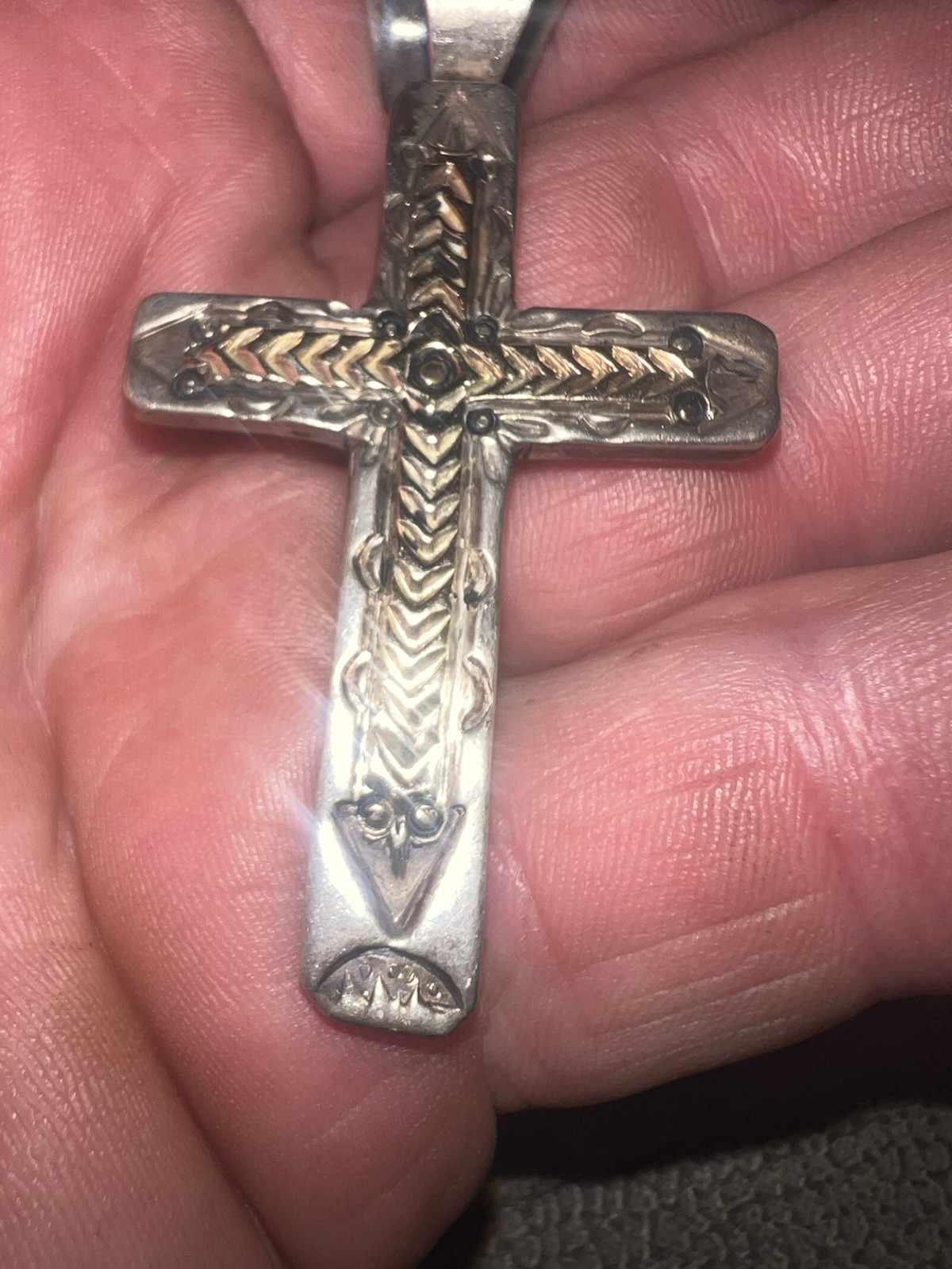 sterling cross 14k inlay pendant,vintage Custom Old Pawn Sterling 14k RT Makersm