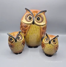 Vintage Metlox Poppy Trail Wise Owl Cookie Jar & Two Large Shakers Set Pottery