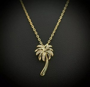 Authentic 1.50 CT Round REAL Moissanite Palm Tree Pendant Necklace 14K Yellow Gold Plated