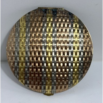 Vintage Evans Tri-Color Basketweav Powder Compact Gold Silver Copper Mirror Puff