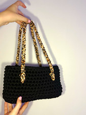 Black Knit Crochet Fabric Handbag, Multicolour Top Handles, Rectangle