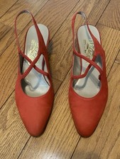Women's Salvatore Ferragamo Double Strap Bow Red Suede Heels Size 6.5