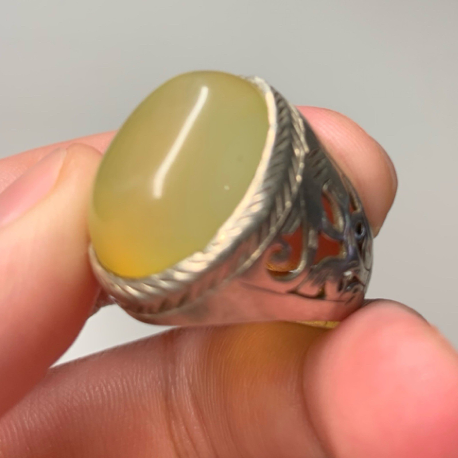 Vintage Solid Silver Ring Unique Luminous Yellow … - image 4