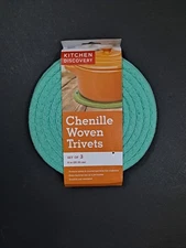 Kitchen Discovery Chenille Woven Trivets~Set Of 3~Turquoise 8" Round~100% Cotton