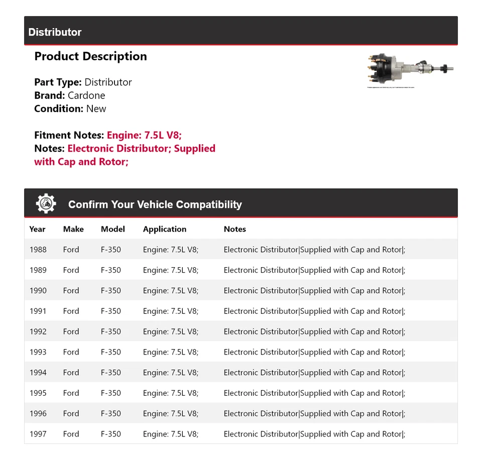 Ford F-350 1988-1997 7,5 L V8 distribuidor Cardone 1989 1990 1991 1992 1993 Foto 2 de 4