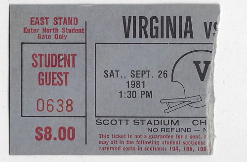 Biglietto Stud Guest Stub Virginia vs Duke 26 settembre 1981, Scott Stadium