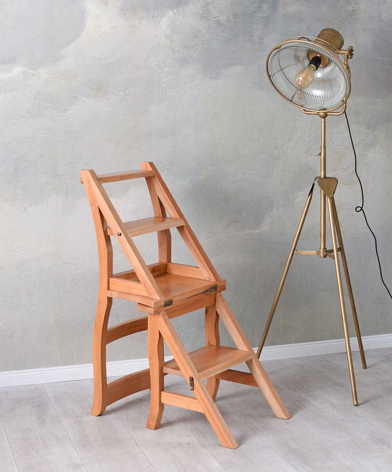 Bibliotheksstuhl Massivholz Leiterstuhl Trittleiter Küchenstuhl Mahagoni Stuhl - Bild 3 von 4