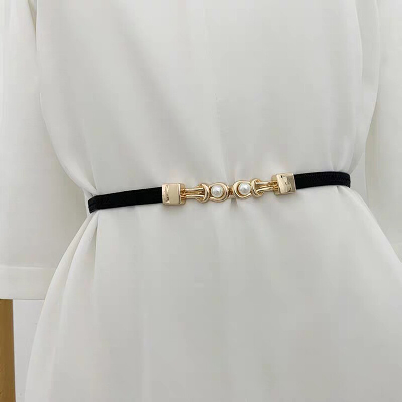 Women PU Leather Elastic Thin Waist Belt Double Pearl Belt Dress