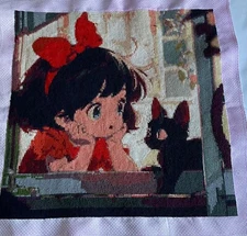 Completed Finished Cross Stitch Girl and Cat 16.5” x 16.5” Unframed