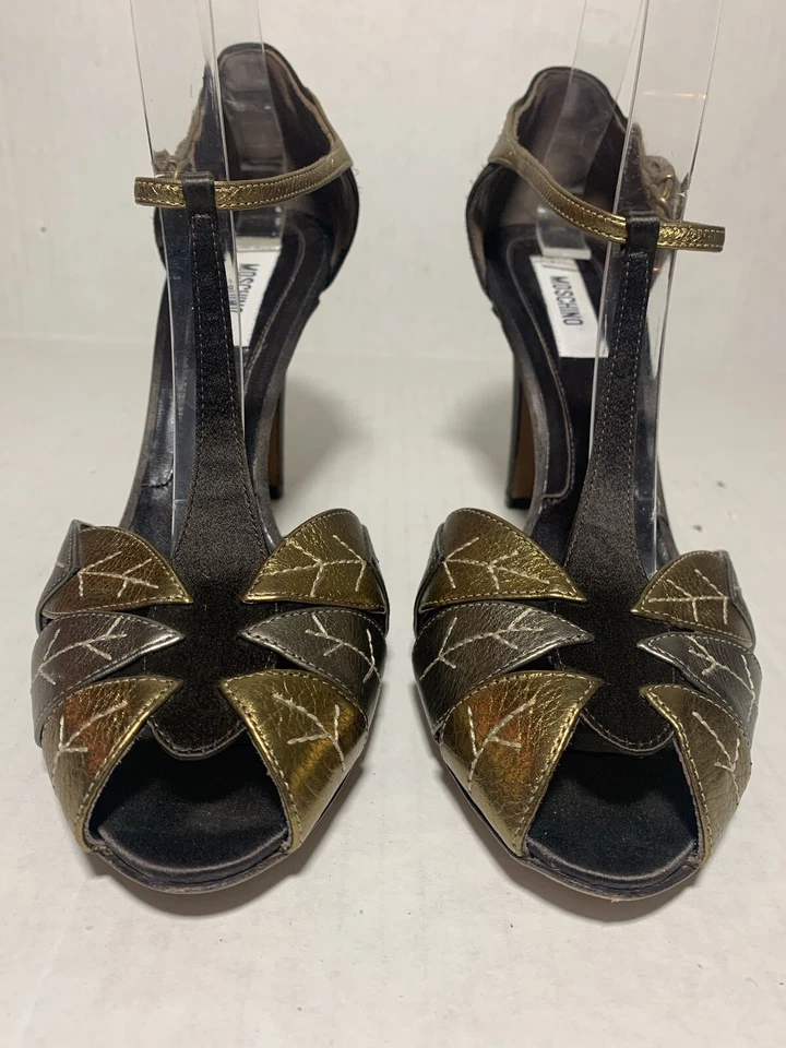 Moschino Heels Metallic Leaves Leather Ankle Strap Open Toe Size 39 US 8.5 - Image 2 of 4