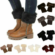 Women Boot Socks Knitted Warmer Faux Fur Cuffs Toppers Ankle Leg Plain Stockings