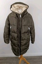 Klass Khaki Green Faux Fur Hood Padded Puffer Mid Length Coat Size M New