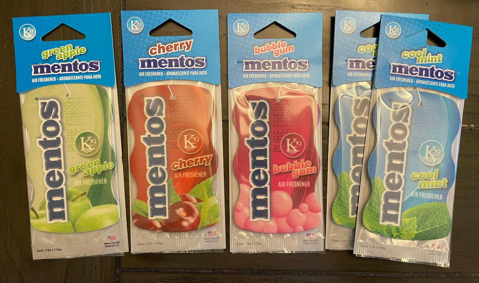 Lot of 5 Mentos Car Air Fresheners - Green Apple Cherry Bubble Gum Cool Mint x2