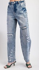 Easel High Waist Jeans Splatter Distressed Detail Straight Wide Leg Light Blue