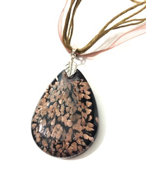 Lamp work Glass Charm Ribbon Necklace W/ Leaf -21 , Black/Brown Speckled Fashion