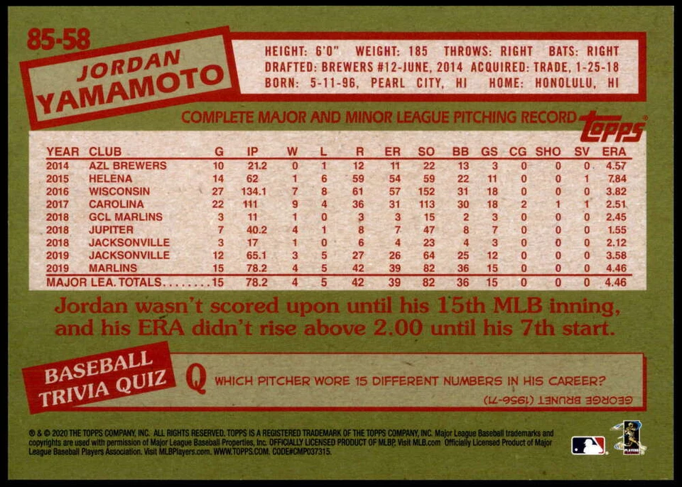 Jordan Yamamoto 2020 Topps 1985 35th Anniversary 5x7 #85-58 /49 Marlins - Image 2 of 2