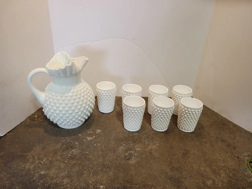 Fenton Vintage 1950's Hobnail Milk Glass Ball Pitcher and 7 Matching Glasses