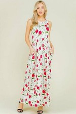 Sleeveless Maxi Dress White Red Casual Summer Floral with Hidden Pockets