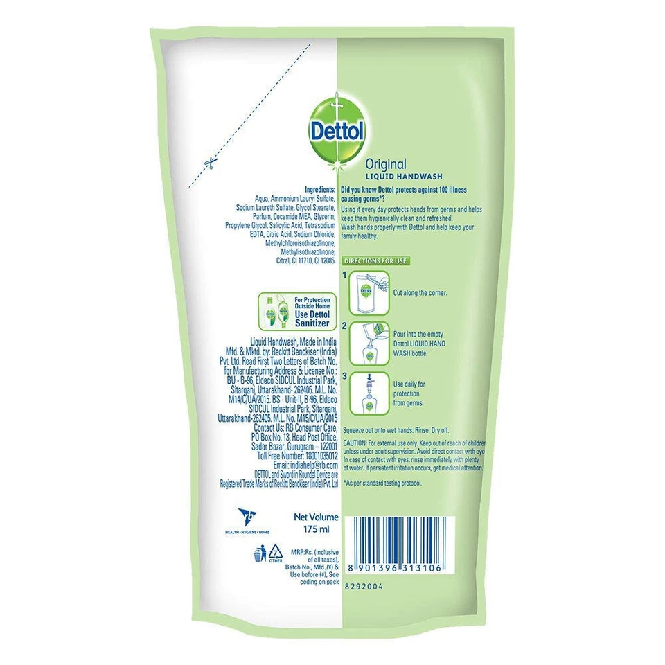 Bolsa de recarga de lavado de manos Dettol Skincare paquete de 3 jabón líquido original = 425 ml Foto 4 de 4