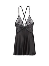 Victoria's Secret Lingerie Chemise Slip Black Shine Strap Bling Satin Lace NWT
