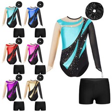 Kids Girls Dancewear Outfit Gymnastic Athletic Leotard With Shorts Unitard Mesh