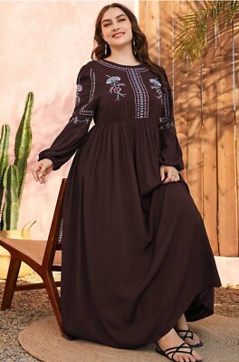 SHEIN Modely Boho Floral Embroidery Maxi Dress Brown Lantern Sleeve 1XL |  eBay