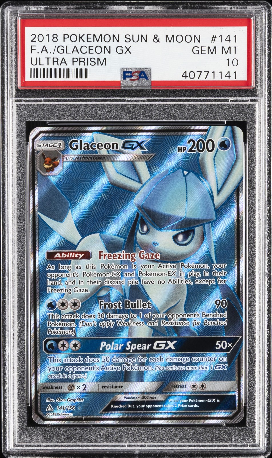 2018 POKEMON SUN & MOON ULTRA PRISM #141 FULL ART/GLACEON GX PSA 10