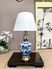Hand-Painted Blue & White Foo Dog Porcelain Table Lamp - Artisanal Chinoiserie